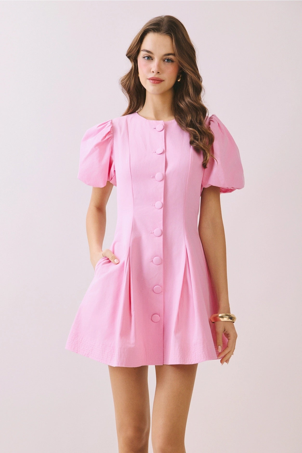 TCEC Puff Sleeve Button Down Dress, Pink