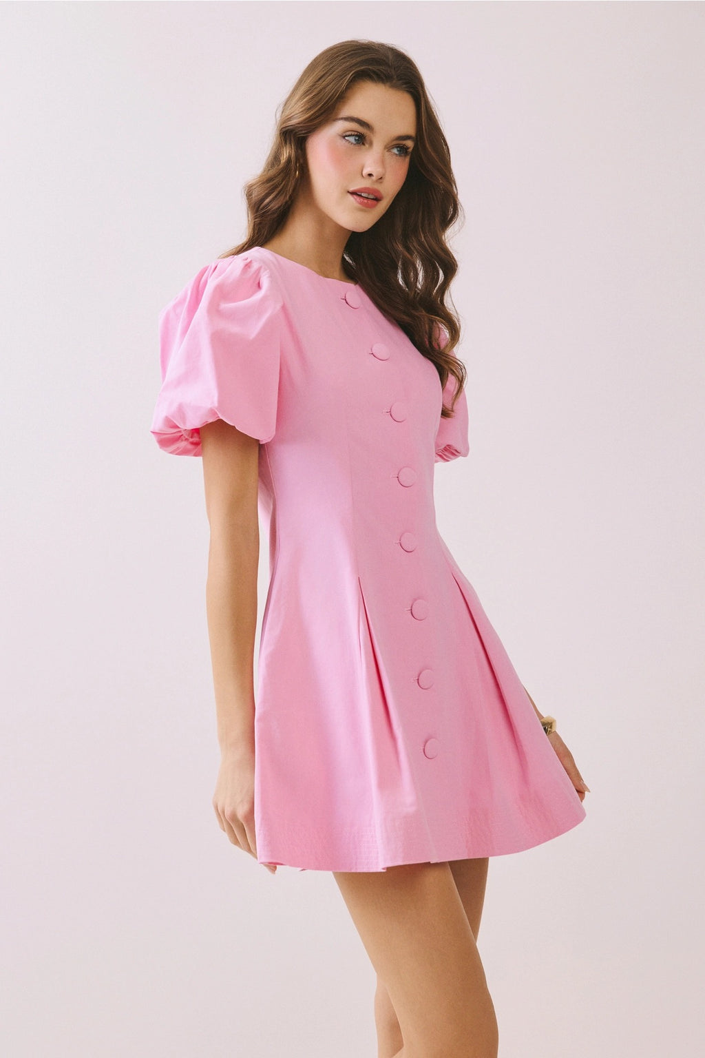 TCEC Puff Sleeve Button Down Dress, Pink