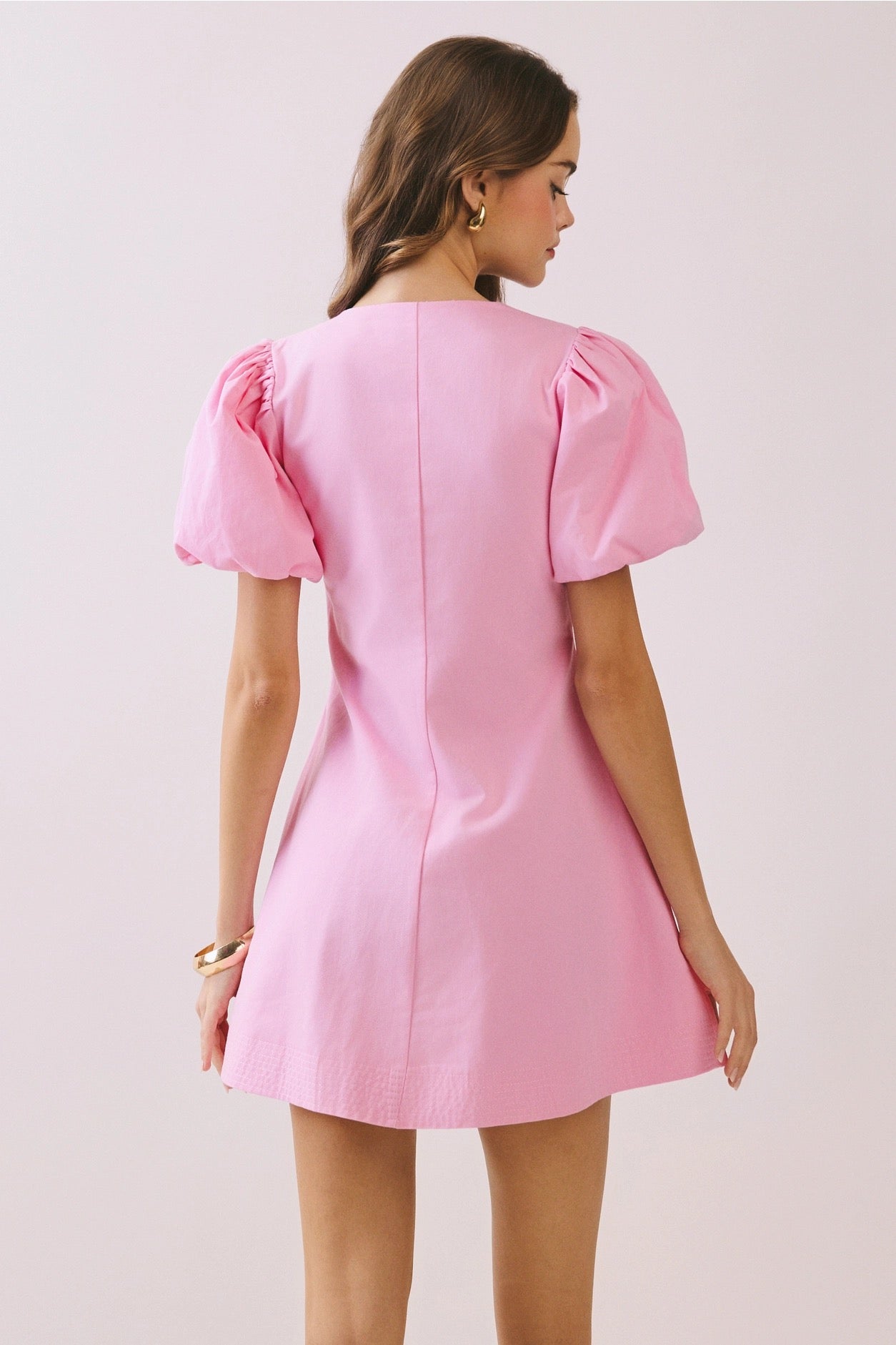 TCEC Puff Sleeve Button Down Dress, Pink